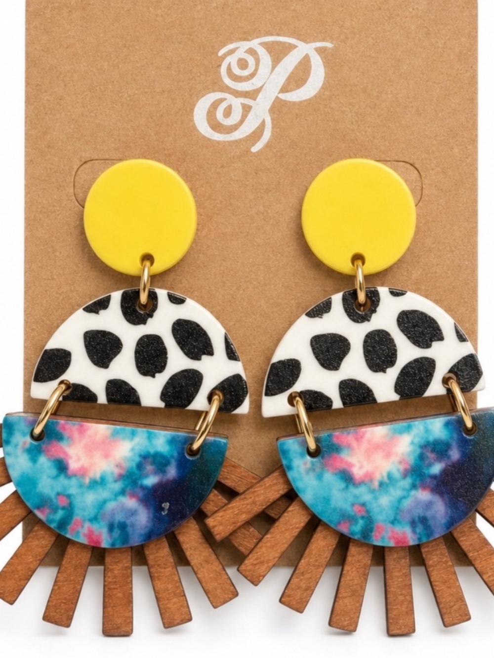 Plunder Statement Wood Dangle Pierced Earrings Geometric Tie-Dye
